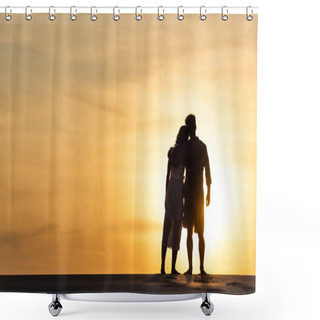 Personality  Silhouettes Of Man And Woman Hugging On Beach Against Sun During Sunset Shower Curtains