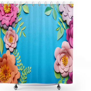 Personality  Top View Of Multicolored Paper Cut Flowers With Green Leaves On Blue Background With Copy Space Shower Curtains