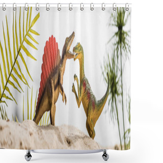 Personality  Selective Focus Of Toy Dinosaurs Roaring On Sand Dune With Tropical Leaves, Panoramic Shot Shower Curtains