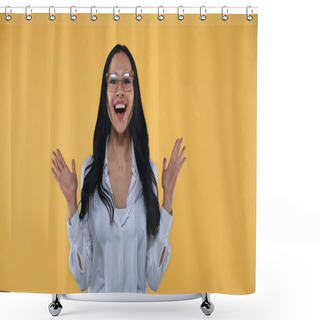 Personality  Amazed Businesswoman In Eyeglasses Showing Wow Gesture Isolated On Yellow Shower Curtains