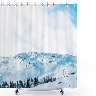 Personality  Scenic View Of Snowy Mountain With Pine Trees In White Fluffy Clouds Shower Curtains