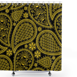 Personality  Seamless Pattern In Indian Style.  Ethnic Ornament With Flowers And Paisleys. Golden (yellow) Elements On  Black Background Shower Curtains