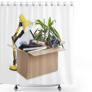 Personality  Cardboard Box Full Of Office Stuff On White Background Shower Curtains