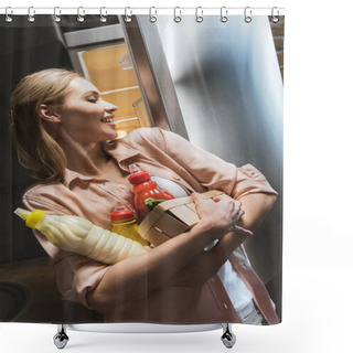 Personality  Young Woman Holding Food Shower Curtains