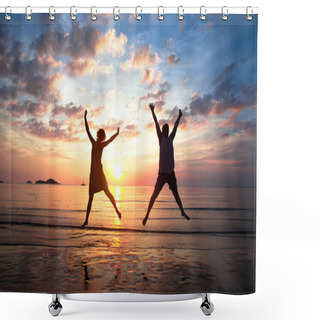 Personality  Concept Of Long-awaited Vacation: Young Couple In A Jump On The Sea Beach At Sunset. Shower Curtains