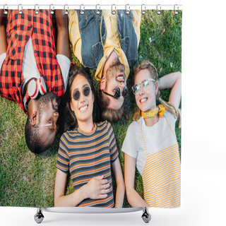 Personality  Overhead View Of Happy Multiethnic Friends Resting On Green Lawn Together Shower Curtains
