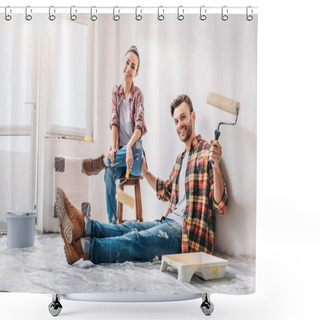 Personality  Happy Young Couple Holding Paint Rollers And Smiling At Camera During Renovation Shower Curtains