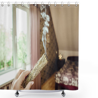 Personality  Woman Hand Holding Herb Bundle Of Dried Sage Smudge Stick Smoking. It Is Believed To Cleanse Negative Energy And Purify Living Spaces At Home In Rooms. Shower Curtains