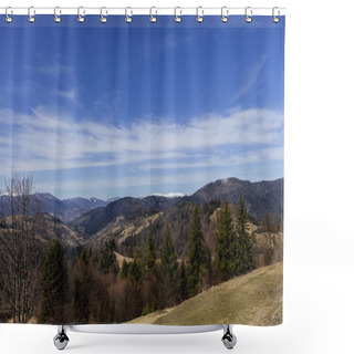 Personality  Trees On Meadow With Mountains And Sky At Background  Shower Curtains
