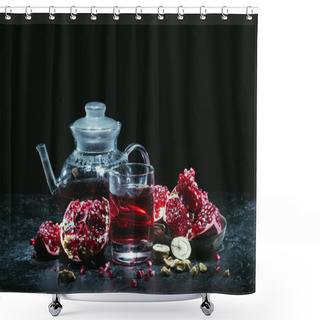 Personality  Glass And Teapot With Pomegranate Juice Shower Curtains