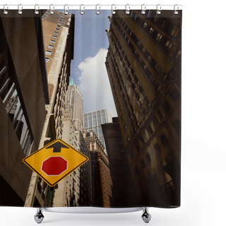 Personality  Low Angle View Of Traffic Sign, Tall Buildings And Skyscrapers In New York City, Urban Environment Shower Curtains