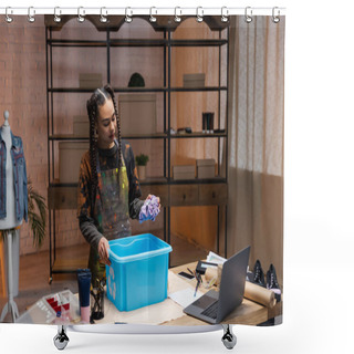Personality  African American Craftswoman Holding Cloth Near Box With Recycle Sign And Devices In Workshop  Shower Curtains