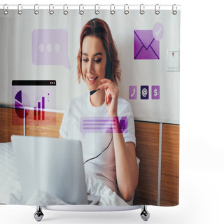 Personality  Smiling Freelancer Making Video Call With Headset And Laptop In Bed During Quarantine With Business Signs Shower Curtains