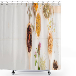 Personality  Panoramic Shot Of Herbs In Spoons And Flowers On White Wooden Background, Naturopathy Concept Shower Curtains