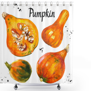 Personality  Watercolor Vegetables. Fresh Farm Food. Set Of Different Kinds Of Pumpkins. Simple Painting Sketch. Orange Set. Shower Curtains
