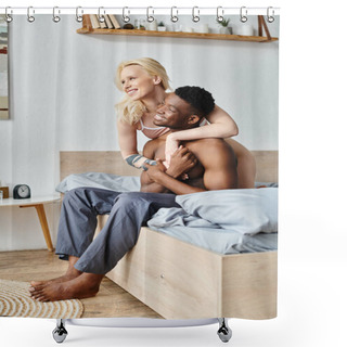 Personality  A Sexy Multicultural Man And Woman Relax On A Bed At Home. Shower Curtains