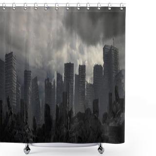 Personality  The Skeletons Like Buildings That Remain Of A Fallen Civilization Sit Beneath A Brooding Storm. Shower Curtains