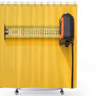 Personality  Top View Of Industrial Measuring Tape On Yellow Background, Panoramic Shot Shower Curtains