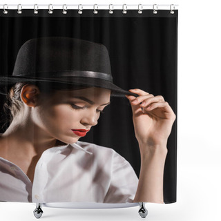Personality  Portrait Of Beautiful Woman In White Shirt And Black Hat Posing Isolated On Black Shower Curtains