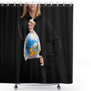 Personality  Partial View Of Woman With Outstretched Hand Holding Plastic Bag With Globe Isolated On Black, Global Warming Concept Shower Curtains