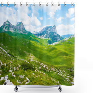 Personality  Green Valley With Stones And Mountain Range In Durmitor Massif, Montenegro Shower Curtains