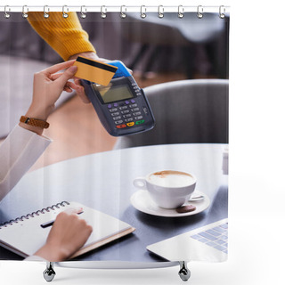 Personality  Cropped View Of Freelancer Holding Credit Card Near Payment Terminal Un Hand Of Waiter Shower Curtains