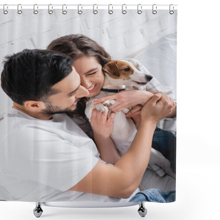 Personality  Pleased Interracial Couple Cuddling Jack Russell Terrier In Bedroom Shower Curtains