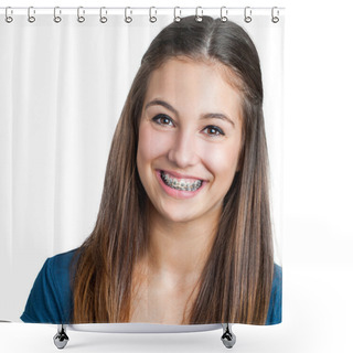 Personality  Smiling Teen Girl Showing Dental Braces. Shower Curtains