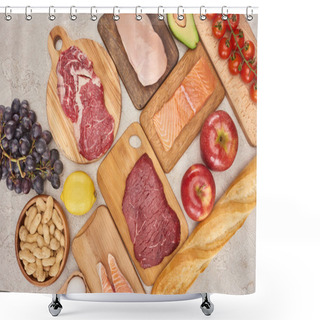 Personality  Top View Af Raw Organic Assorted Meat, Poultry, Fish, Apples, Grape, Lemon, Avocado, Tomatoes And Peanuts On Wooden Cupboards With Fresh Baguette On Marble Surface Shower Curtains