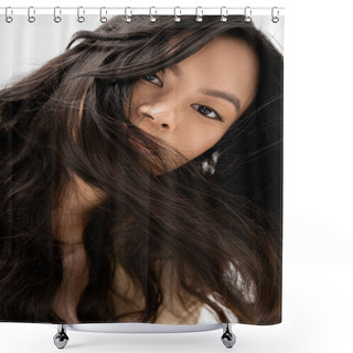 Personality  Portrait Of Asian Woman With Shiny Brunette Hair Looking At Camera Isolated On White Shower Curtains