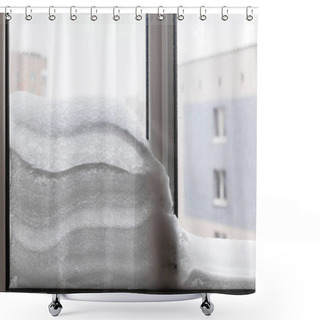 Personality  Snowdrift Between Window Glasses At Home In Winter Day In Moscow City Shower Curtains