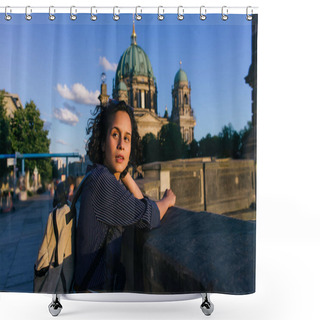 Personality  BERLIN, GERMANY - JULY 14, 2020: Pretty Young Woman Near Blurred Berlin Cathedral Shower Curtains