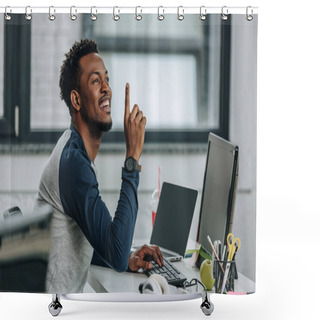 Personality  Happy African American Programmer Showing Idea Sign While Sitting At Workplace In Office Shower Curtains
