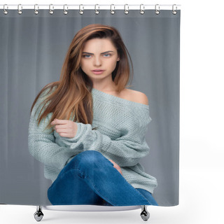 Personality  Beautiful Stylish Girl Posing In Sweater, Isolated On Grey Shower Curtains