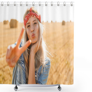 Personality  Beautiful Lovely Young Blonde Girl In Headband At The Wheat Field, Showing Peace Sign Shower Curtains
