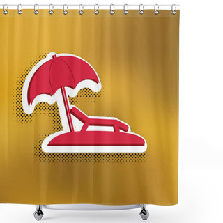 Personality  Tropical Resort Beach. Sunbed Chair Sign. Vector. Magenta Icon With Darker Shadow, White Sticker And Black Popart Shadow On Golden Background. Shower Curtains