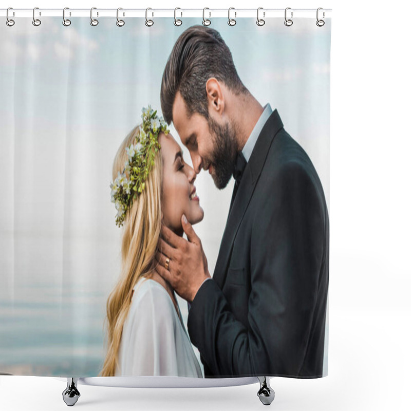 Personality  Happy Wedding Couple In Suit And White Dress Touching With Noses On Beach Shower Curtains