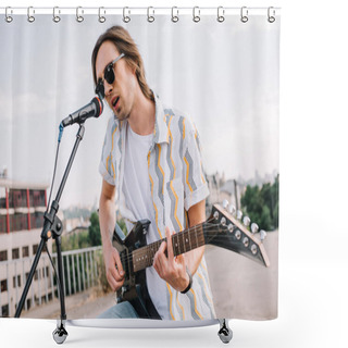 Personality  Young Man In Sunglasses Playing Guitar And Singing In Urban Environment Shower Curtains