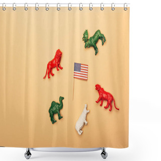 Personality  Top View Of Toy Animals With American Flag On Yellow Background, Animal Welfare Concept Shower Curtains