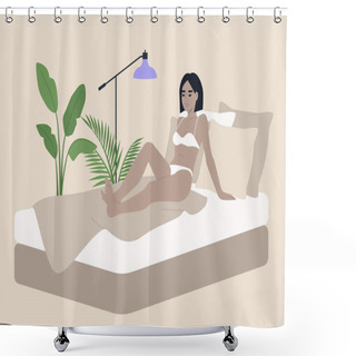 Personality  Young Asian Lady Wearing Underwear In Her Bedroom, Morning Habits, Waking Up Scene Shower Curtains