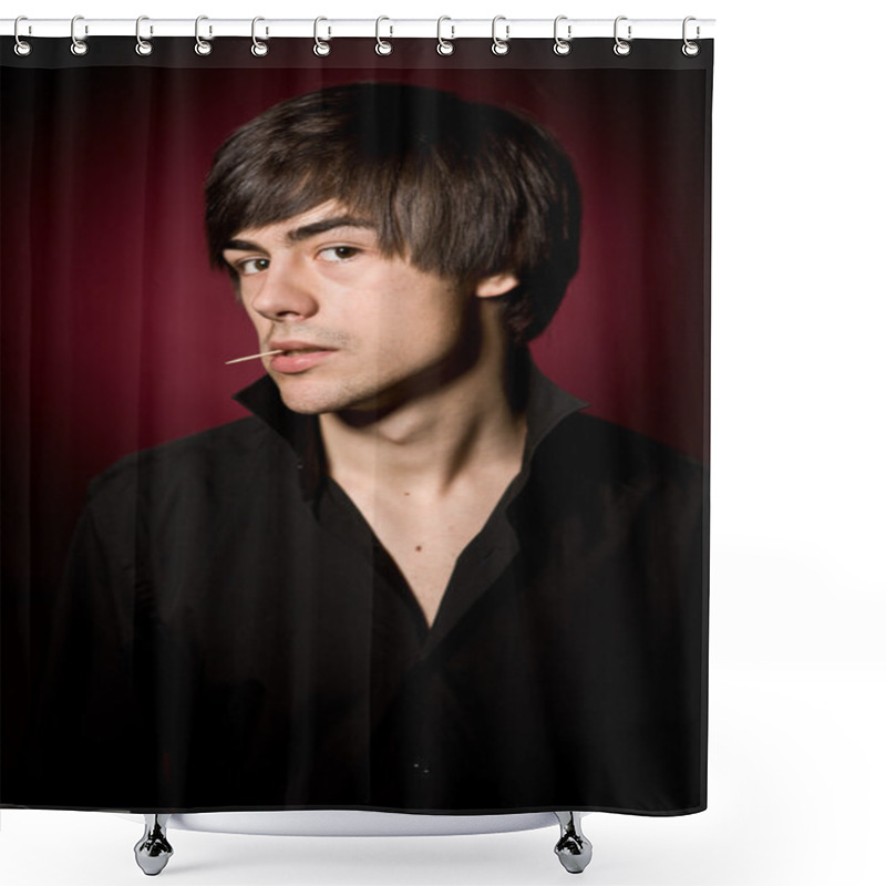 Personality  Young Man With Toothpick In Black Shirt On Red Shower Curtains