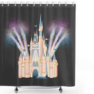 Personality  Pink Fabolous Castle Of Princess In Fireworks, Magic Kingdom Attribute, Hand Drawn Isolated Illustration On A Dark Background Shower Curtains