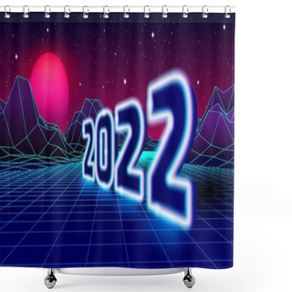 Personality  2022 Neon Sign For New Years Eve Celebration With 80s Styled Arcade Game Grid Landscape And Purple Sun Shower Curtains