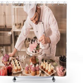 Personality  Portrait Of Confectioner Decorating Cake In Restaurant Kitchen Shower Curtains