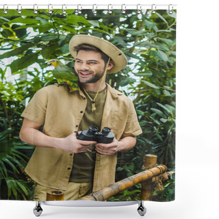 Personality  Smiling Young Man With Parrot On Shoulder And Binoculars In Jungle Shower Curtains