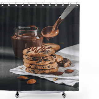 Personality  Close-up Shot Of Liquid Chocolate Pouring Onto Stacked Chocolate-chip Cookies Shower Curtains