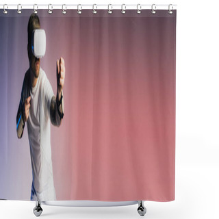Personality  A Man In A White T-shirt Interacts With A Virtual Device, Fully Engaged In Exploring A Digital World Through A VR Headset In A Studio Setting. Shower Curtains