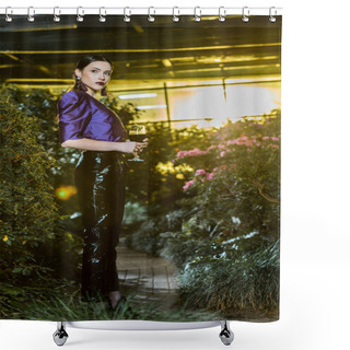 Personality  Stunning Young Woman In Purple Blouse Holding Wine Glass In Orangery Shower Curtains