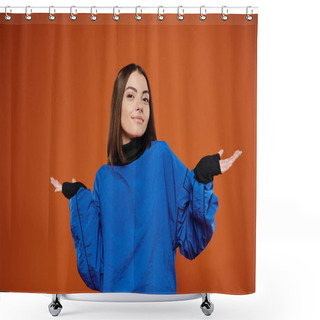 Personality  Confused Woman With Pierced Nose Looking At Camera While Standing On Orange Backdrop, Blue Jacket Shower Curtains
