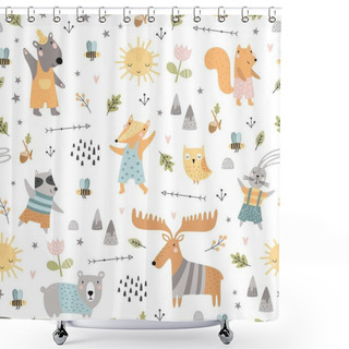 Personality  Seamless Childish Pattern With Woodland Animals. Cute Deer, Bear, Raccoon, Fox, Bunny, Squirrel In Clothes, Funny Characters. Creative Scandinavian Kids Texture For Fabric, Wrapping, Textile Shower Curtains